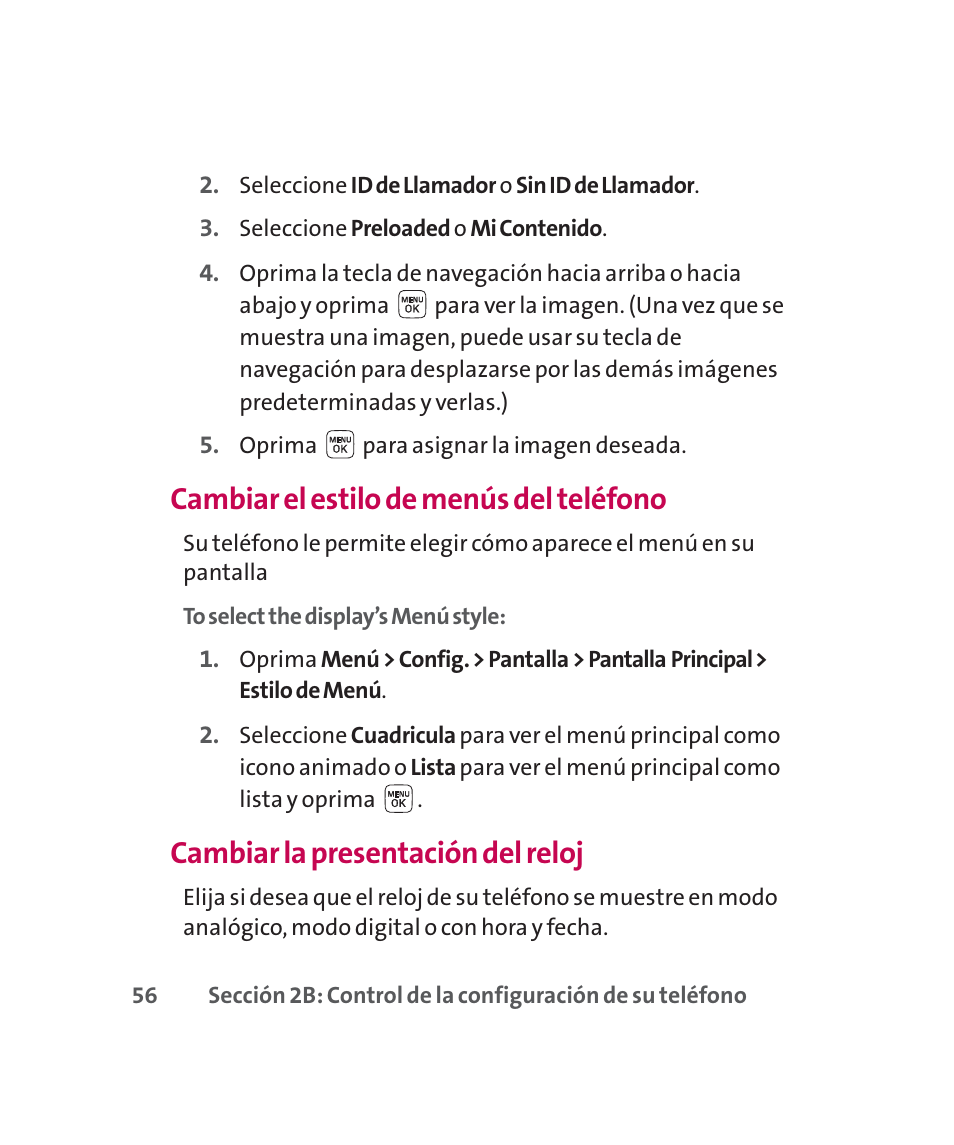 Cambiar el estilo de menús del teléfono, Cambiar la presentación del reloj | LG 160 User Manual | Page 266 / 416