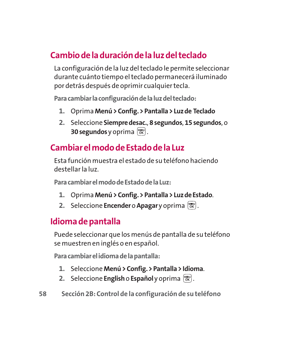 Cambio de la duración de la luz del teclado, Cambiar el modo de estado de la luz, Idioma de pantalla | LG 160 User Manual | Page 268 / 416