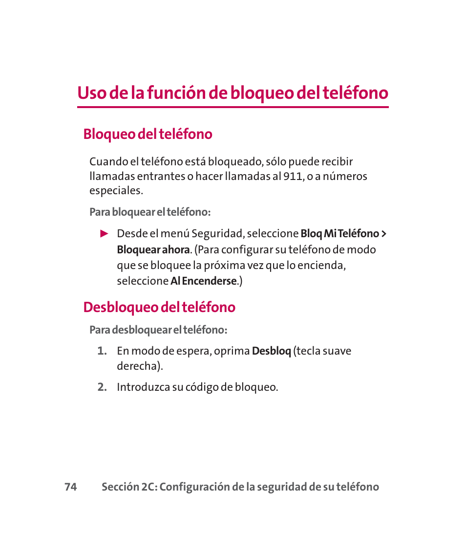 Uso de la función de bloqueo del teléfono, Bloqueo del teléfono, Desbloqueo del teléfono | LG 160 User Manual | Page 284 / 416