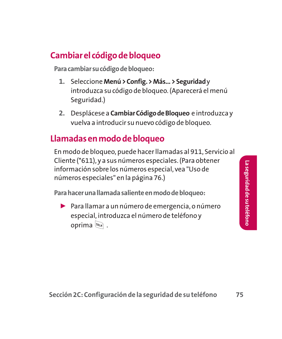 Cambiar el código de bloqueo, Llamadas en modo de bloqueo | LG 160 User Manual | Page 285 / 416