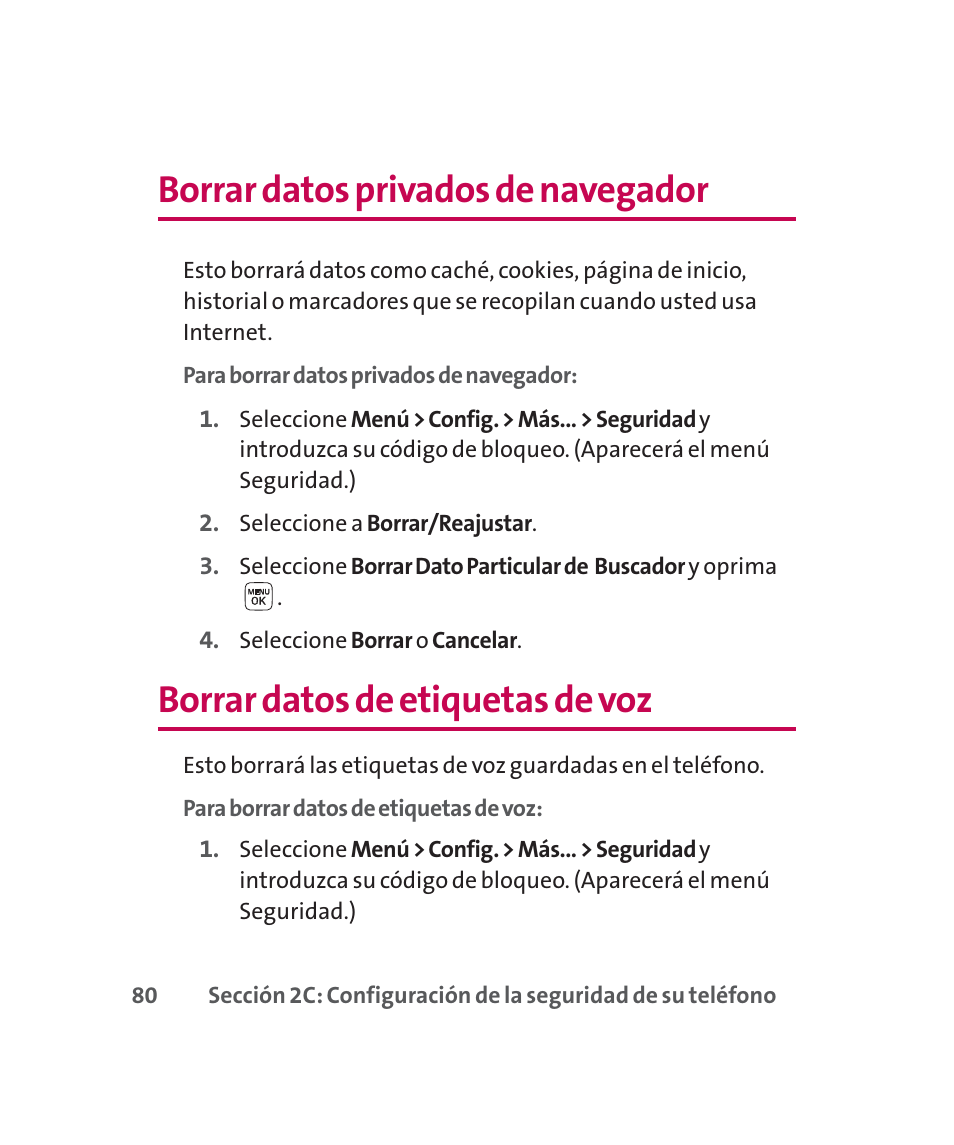 Borrar datos privados de navegador, Borrar datos de etiquetas de voz | LG 160 User Manual | Page 290 / 416