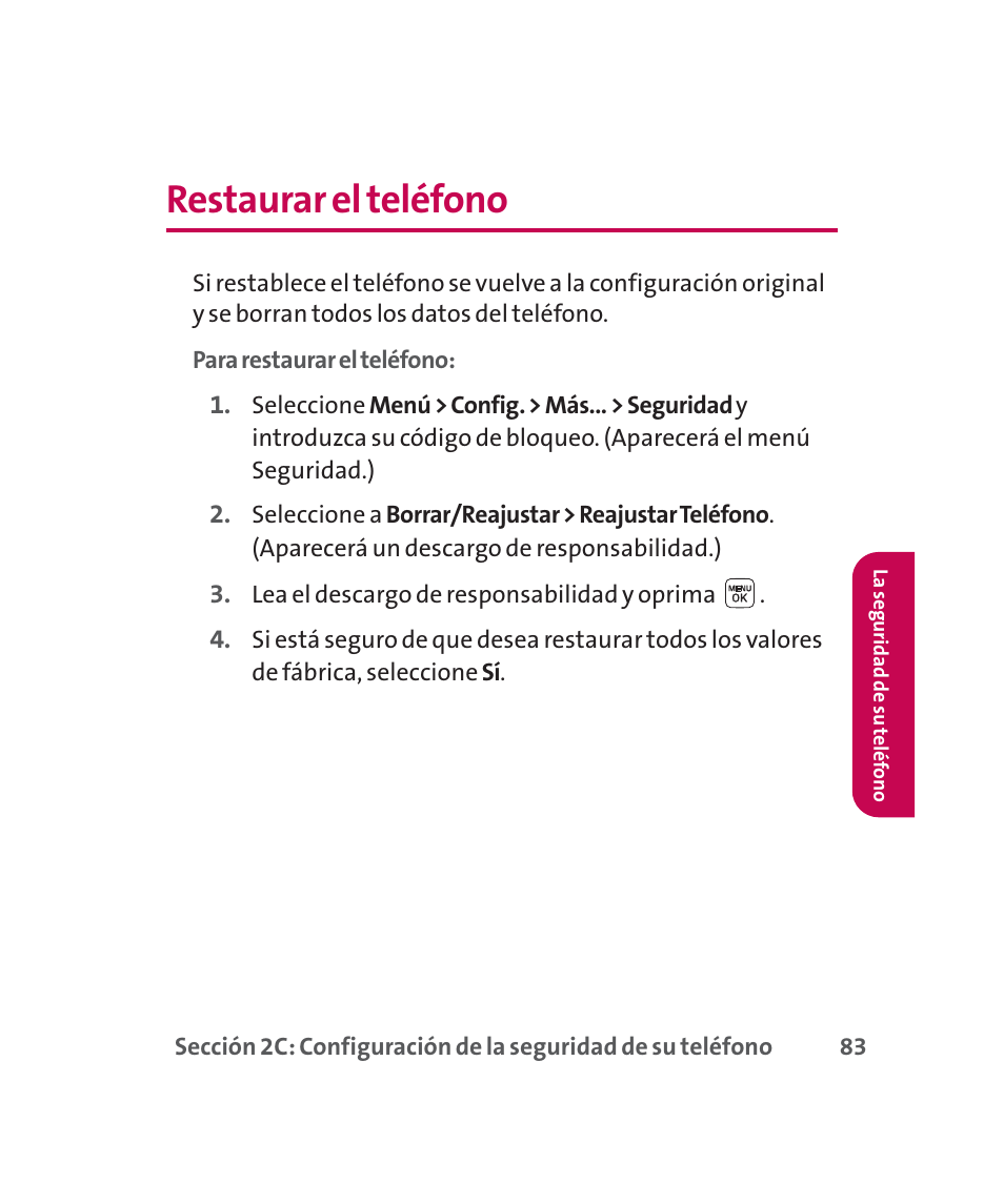 Restaurar el teléfono | LG 160 User Manual | Page 293 / 416