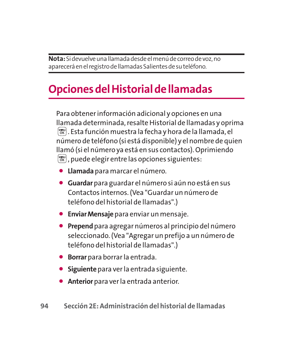 Opciones del historial de llamadas | LG 160 User Manual | Page 304 / 416