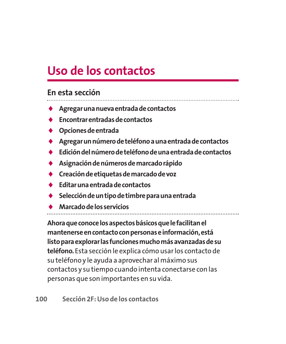 Uso de los contactos, Sección 2e, En esta sección | LG 160 User Manual | Page 310 / 416