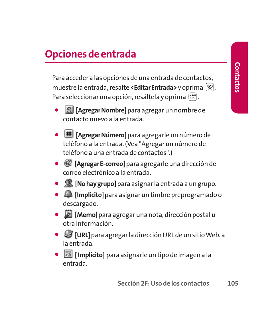 Opciones de entrada, Co n tac tos | LG 160 User Manual | Page 315 / 416