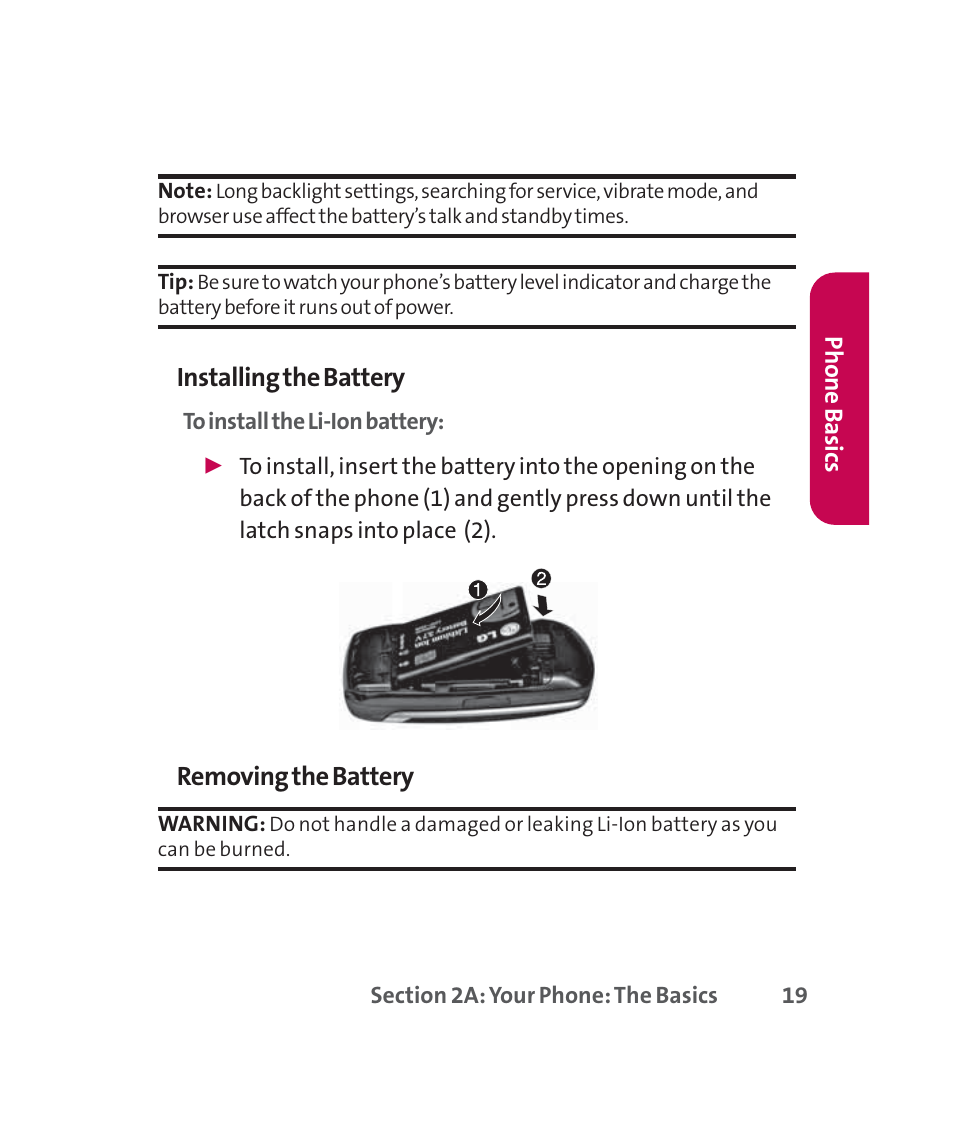 Installing the battery, Removing the battery | LG 160 User Manual | Page 32 / 416