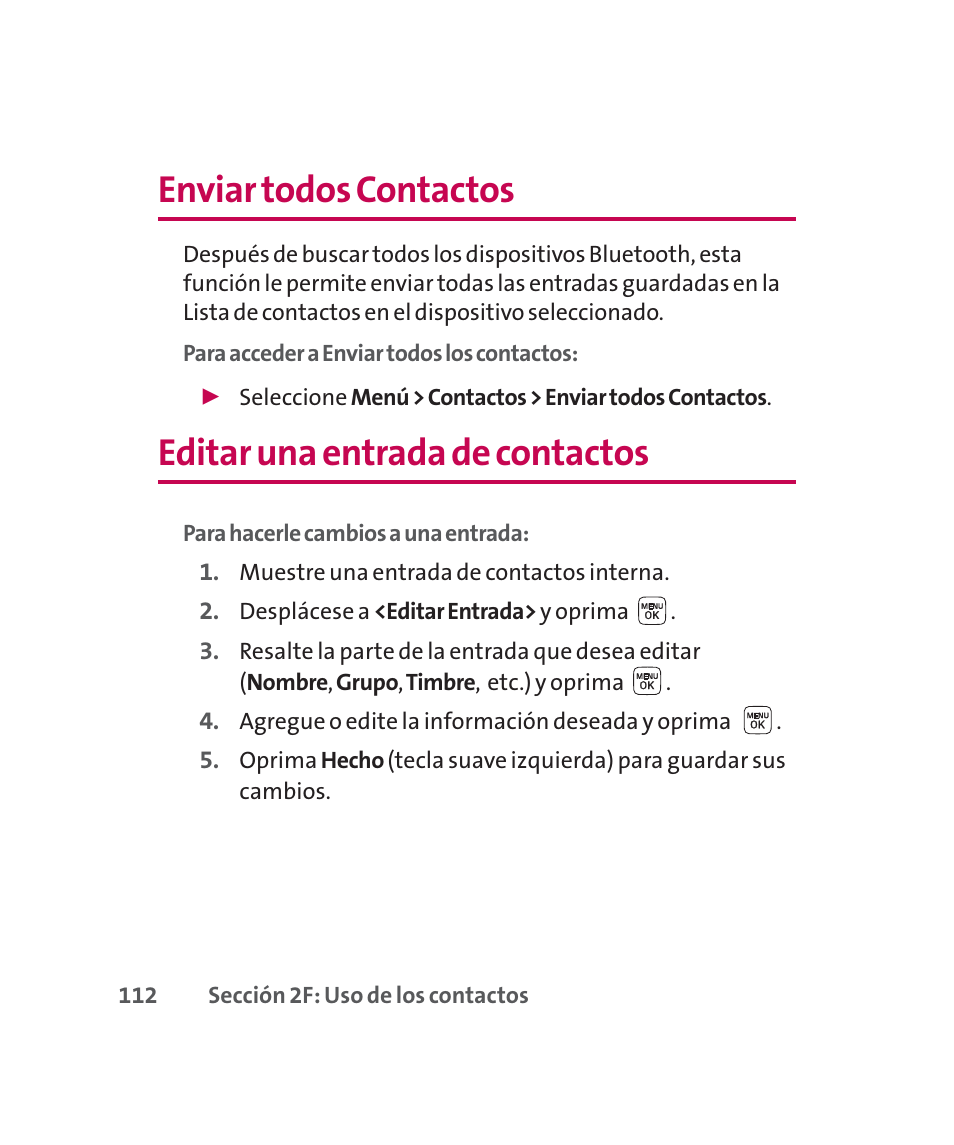 Enviar todos contactos, Editar una entrada de contactos | LG 160 User Manual | Page 322 / 416