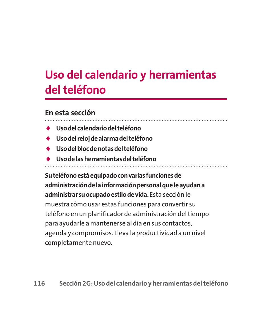 Uso del calendario y herramientas del teléfono, Sección 2f | LG 160 User Manual | Page 326 / 416