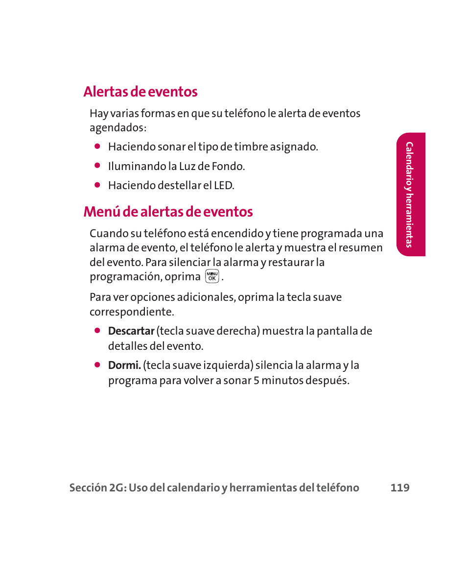 Alertas de eventos, Menú de alertas de eventos | LG 160 User Manual | Page 329 / 416