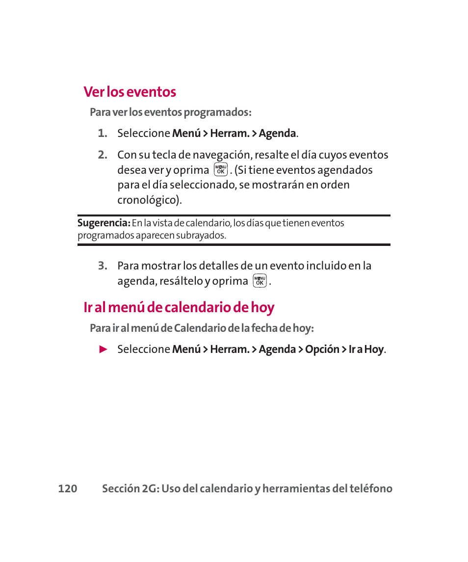 Ver los eventos, Ir al menú de calendario de hoy | LG 160 User Manual | Page 330 / 416