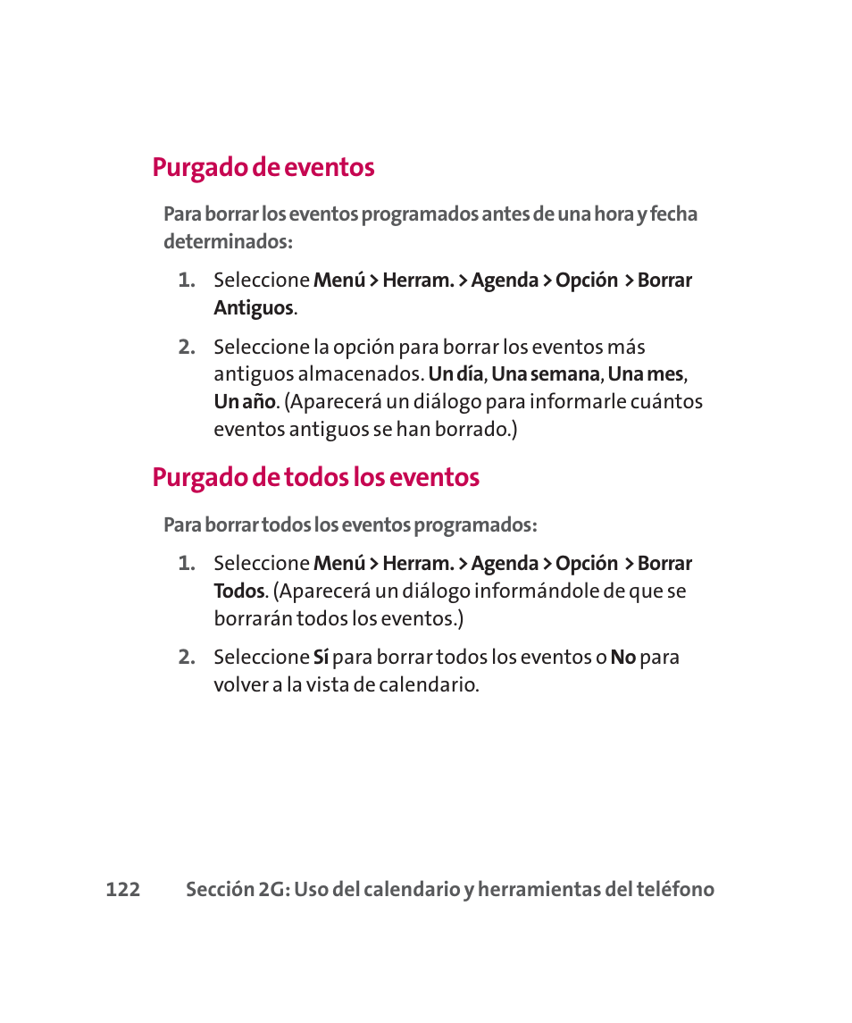 Purgado de eventos, Purgado de todos los eventos | LG 160 User Manual | Page 332 / 416