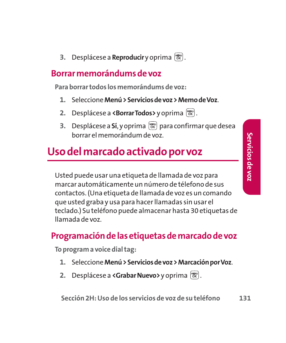 Uso del marcado activado por voz, Programación de las etiquetas de marcado de voz | LG 160 User Manual | Page 341 / 416