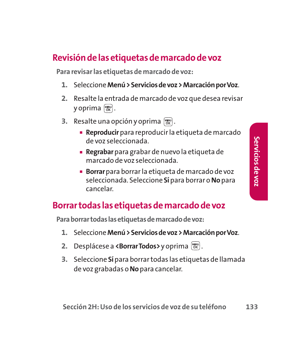 Revisión de las etiquetas de marcado de voz, Borrar todas las etiquetas de marcado de voz | LG 160 User Manual | Page 343 / 416