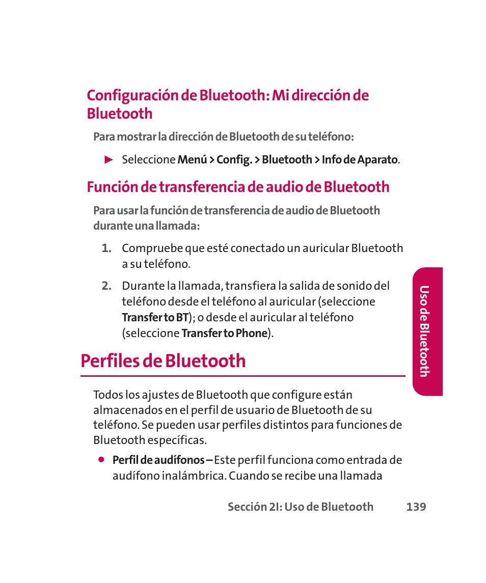 Perfiles de bluetooth, Función de transferencia de audio de bluetooth | LG 160 User Manual | Page 349 / 416