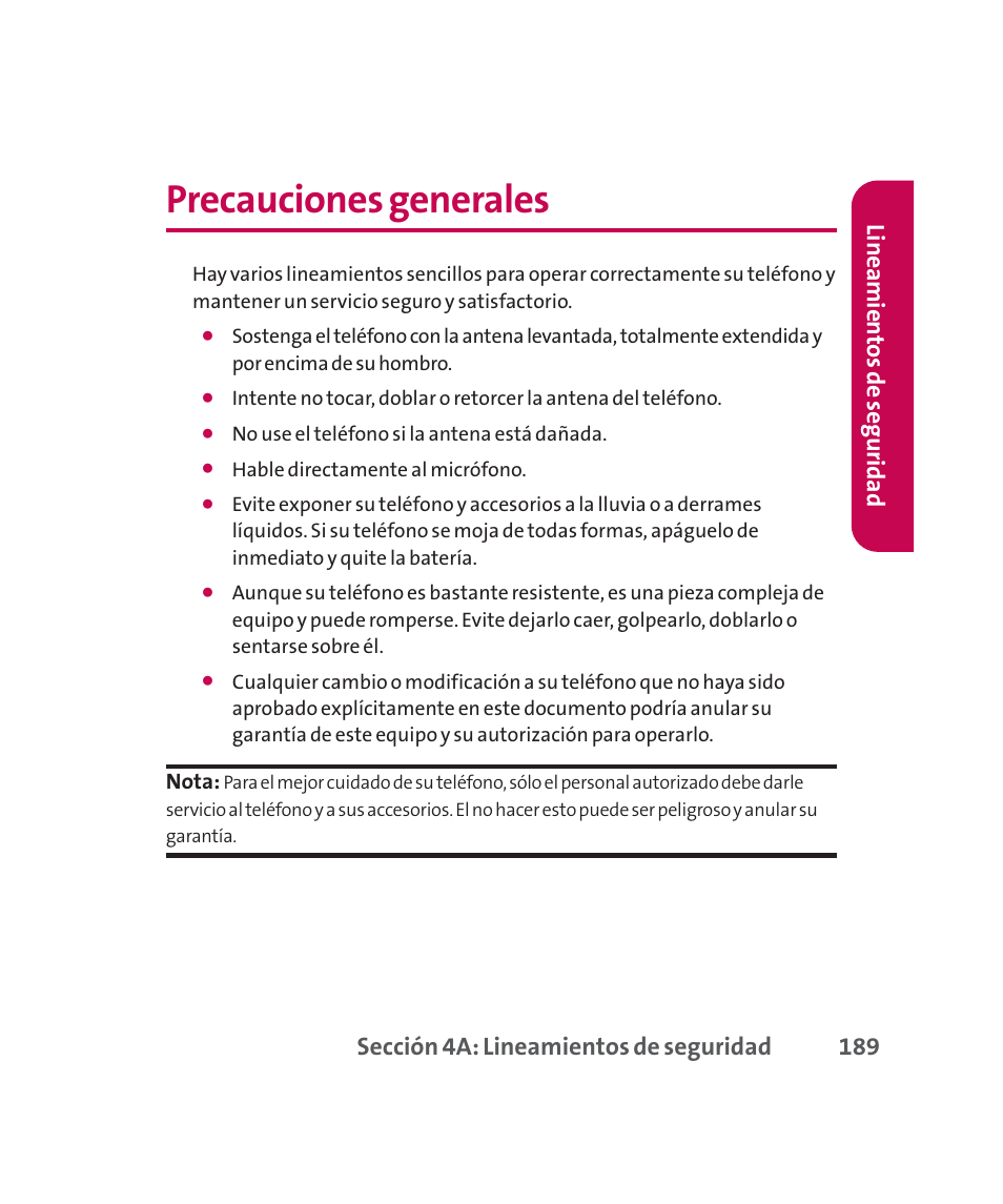 Precauciones generales, Sección 4a: lineamientos de seguridad 189, Lineamien tos de seguridad | LG 160 User Manual | Page 399 / 416