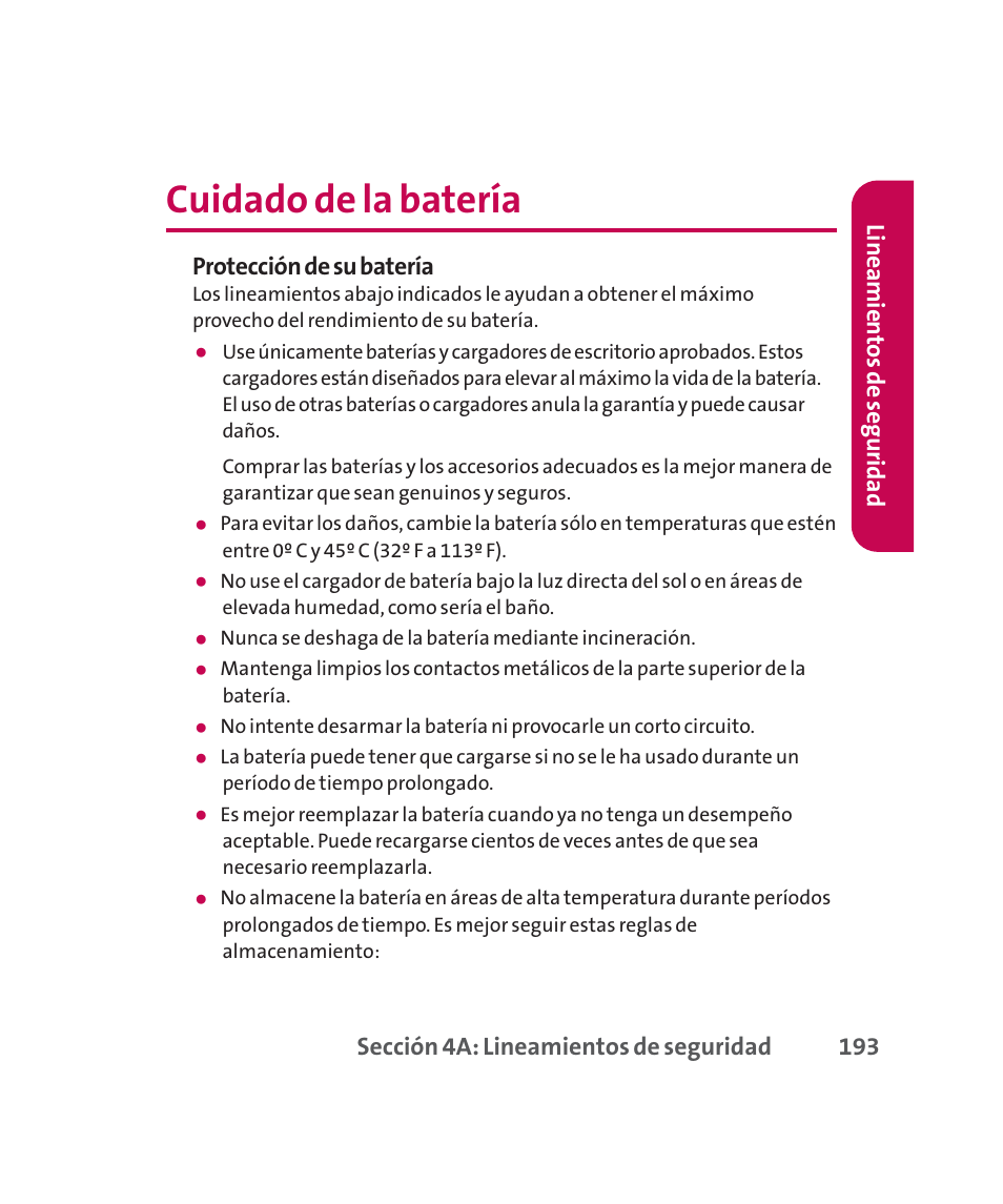 Cuidado de la batería, Sección 4a: lineamientos de seguridad 193, Protección de su batería | Lineamien tos de seguridad | LG 160 User Manual | Page 403 / 416