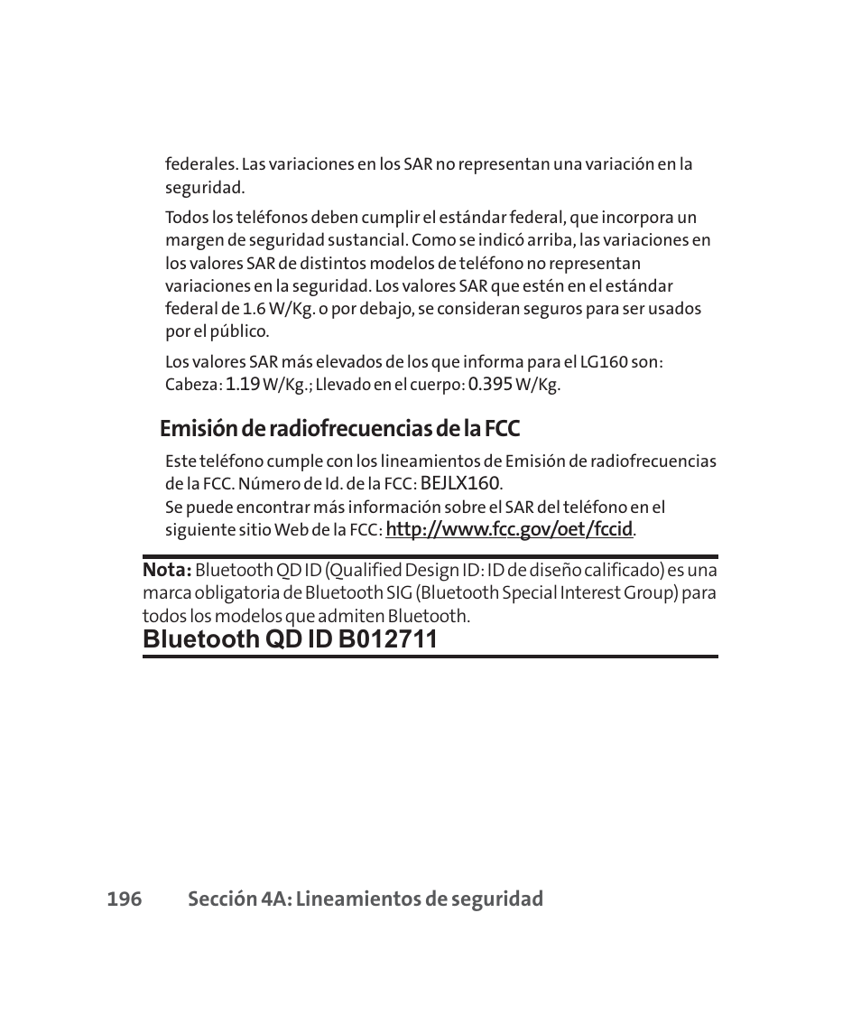 Emisión de radiofrecuencias de la fcc | LG 160 User Manual | Page 406 / 416