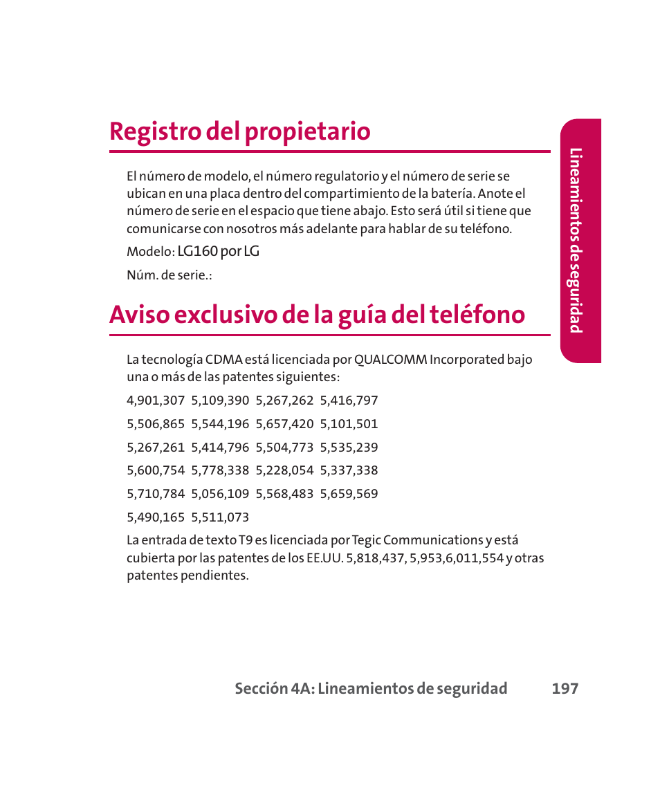 Registro del propietario, Aviso exclusivo de la guía del teléfono | LG 160 User Manual | Page 407 / 416