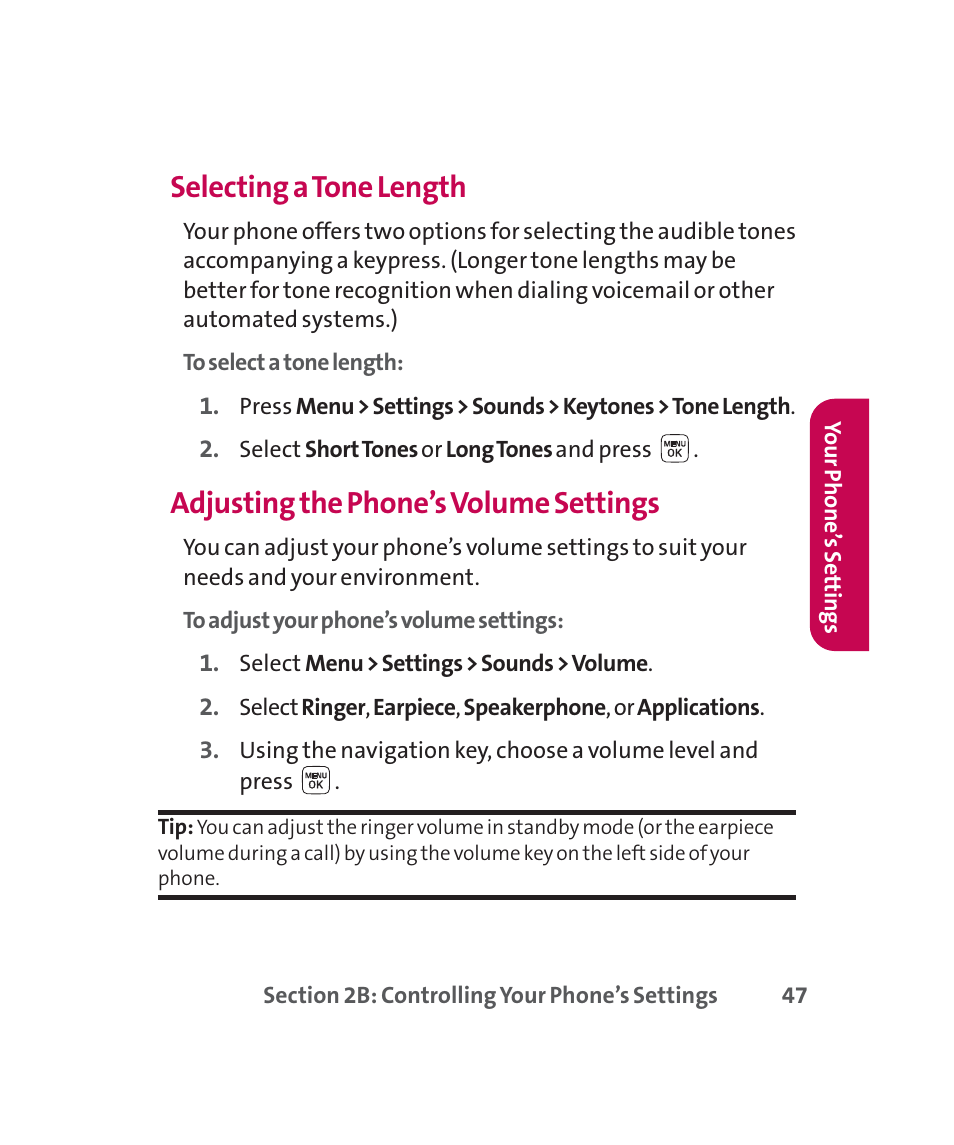 Selecting a tone length, Adjusting the phone’s volume settings | LG 160 User Manual | Page 60 / 416