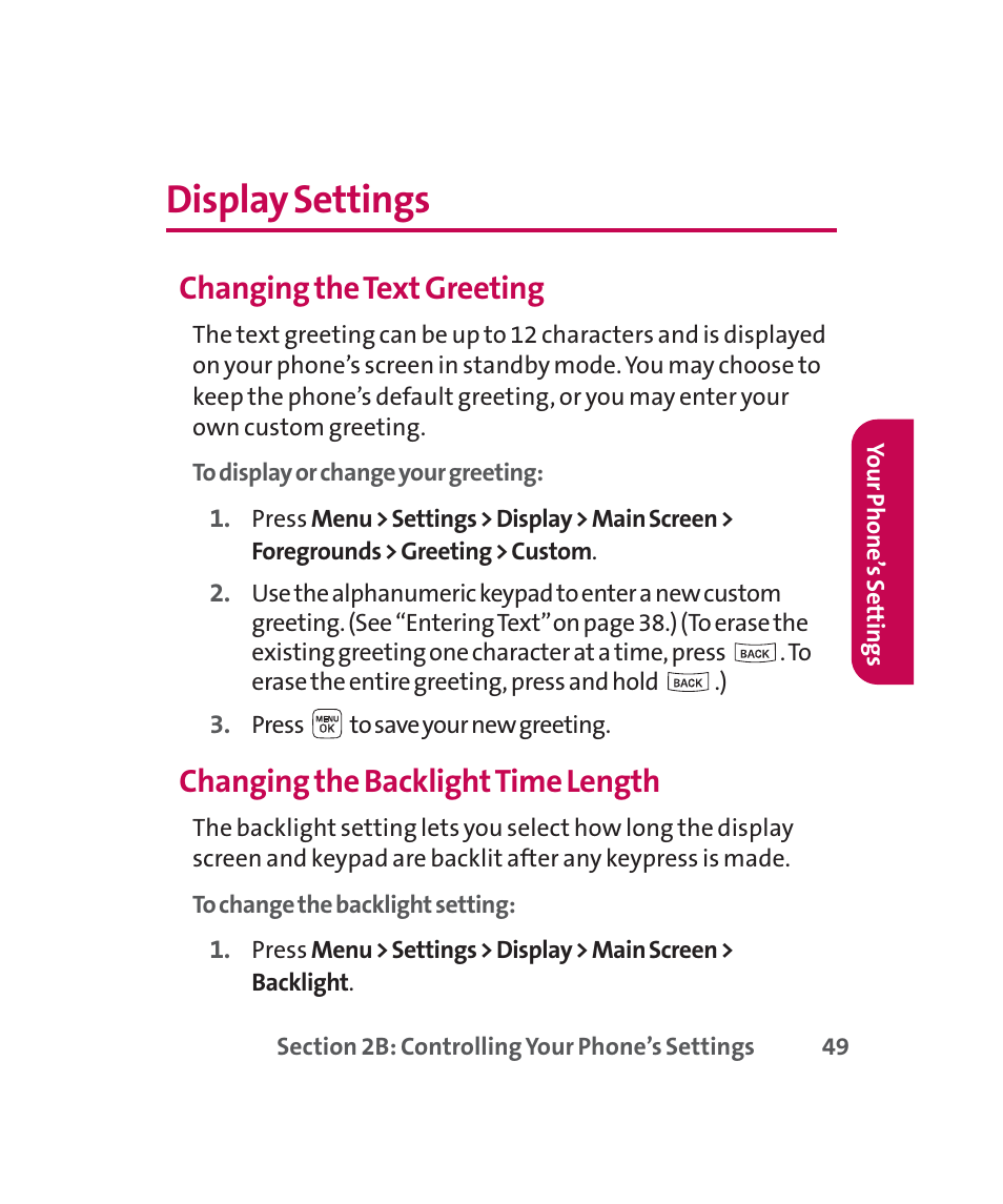Display settings, Changing the text greeting, Changing the backlight time length | LG 160 User Manual | Page 62 / 416