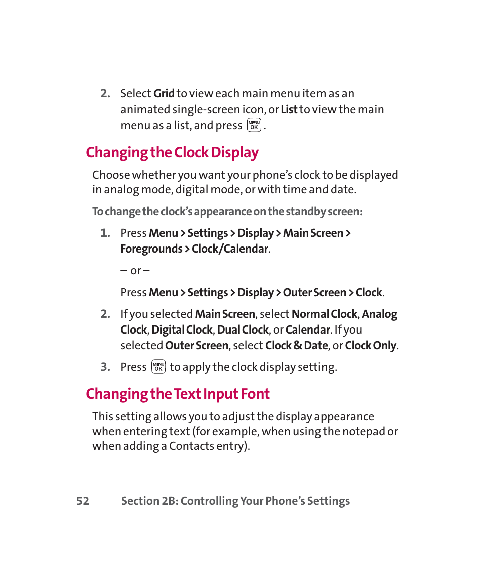 Changing the clock display, Changing the text input font | LG 160 User Manual | Page 65 / 416