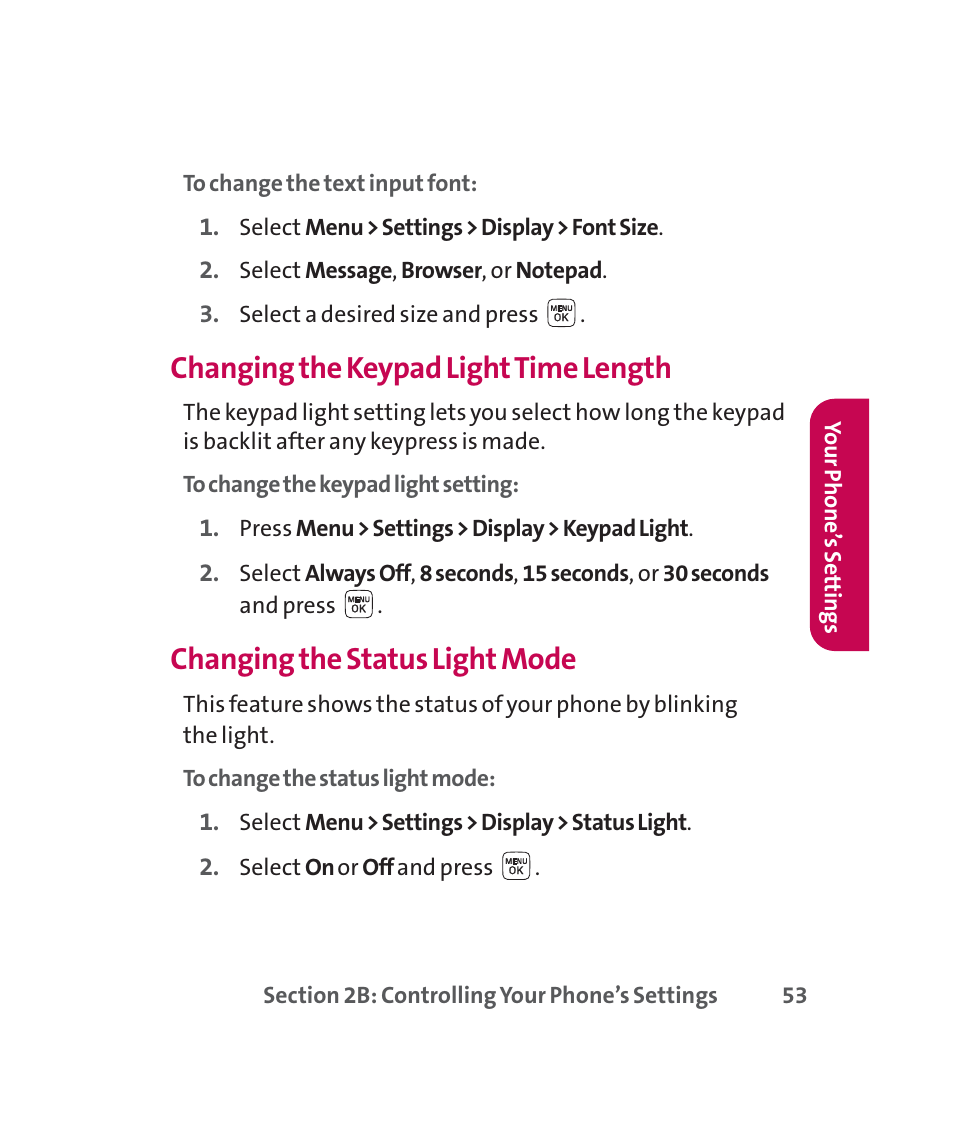 Changing the keypad light time length, Changing the status light mode | LG 160 User Manual | Page 66 / 416