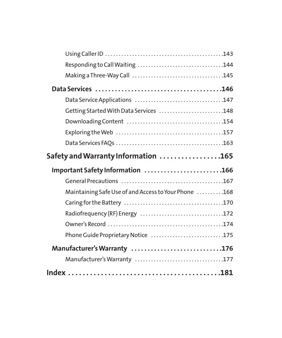 Safety and warranty information, Index | LG 160 User Manual | Page 7 / 416