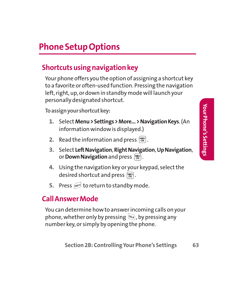 Phone setup options, Shortcuts using navigation key, Call answer mode | LG 160 User Manual | Page 76 / 416