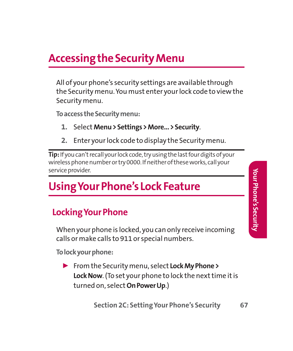 Accessing the security menu, Using your phone’s lock feature, Locking your phone | LG 160 User Manual | Page 80 / 416