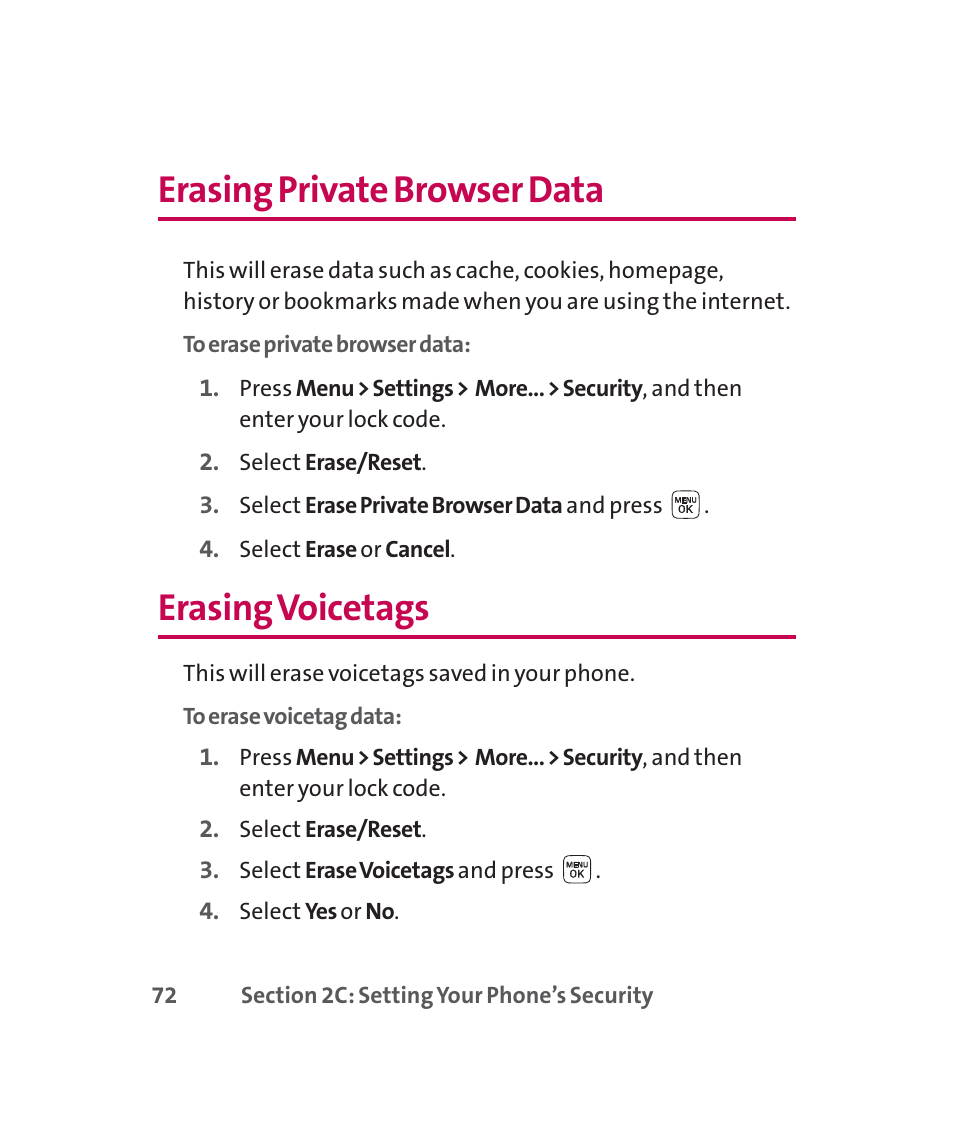 Erasing private browser data, Erasing voicetags | LG 160 User Manual | Page 85 / 416