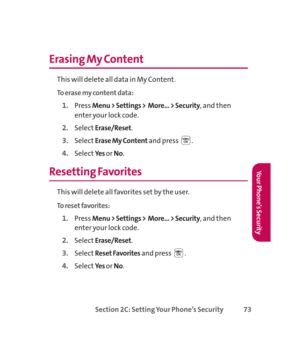 Erasing my content, Resetting favorites | LG 160 User Manual | Page 86 / 416