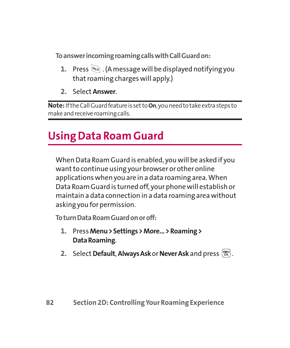 Using data roam guard | LG 160 User Manual | Page 95 / 416