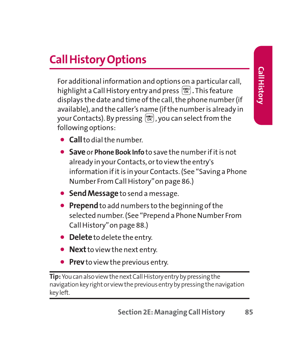 Call history options, Call, Save | Send message, Prepend, Delete, Next, Prev | LG 160 User Manual | Page 98 / 416