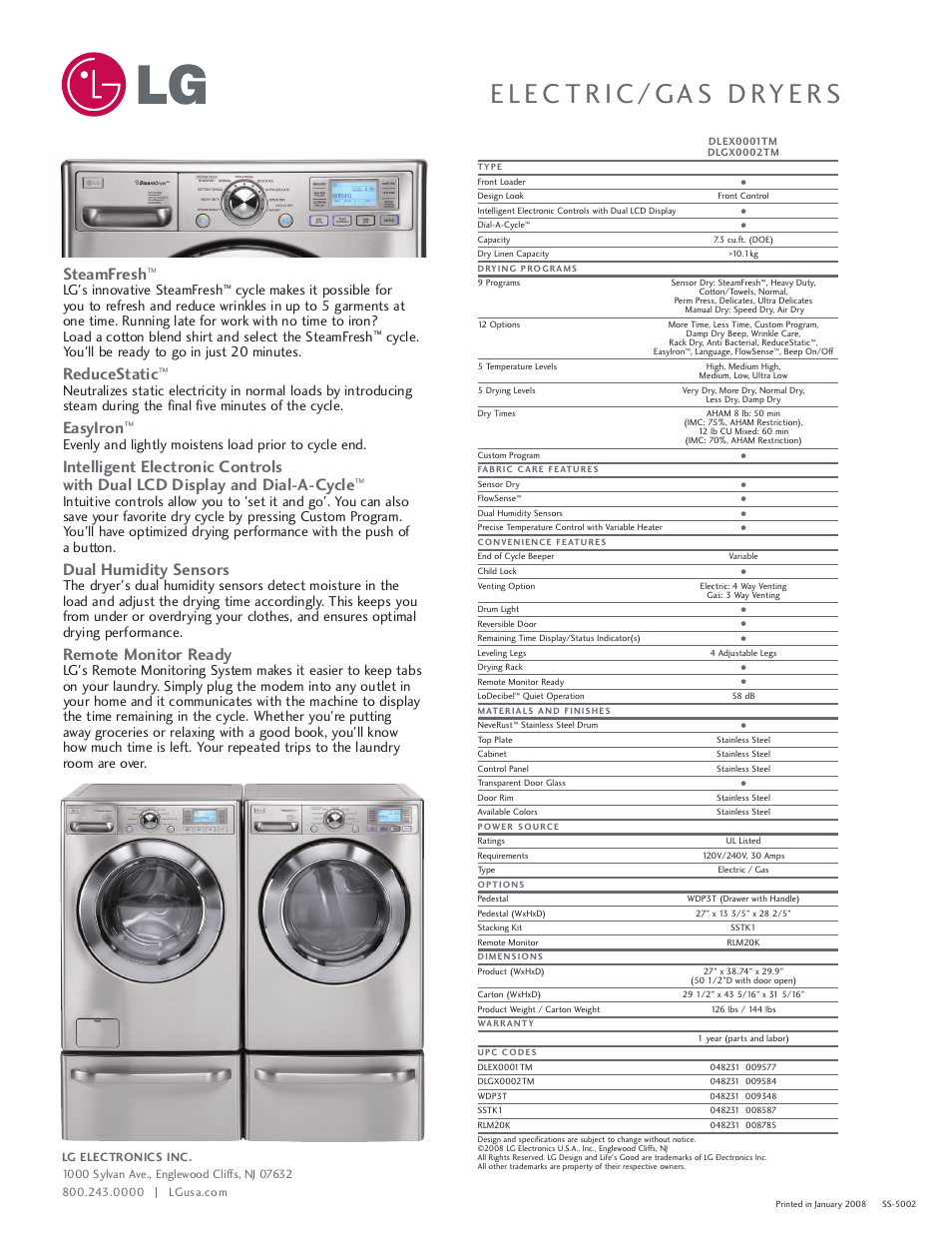 Steamfresh, Reducestatic, Easyiron | Dual humidity sensors, Remote monitor ready, Lg's innovative steamfresh, Cycle. you'll be ready to go in just 20 minutes | LG DLEX0001TM User Manual | Page 2 / 2