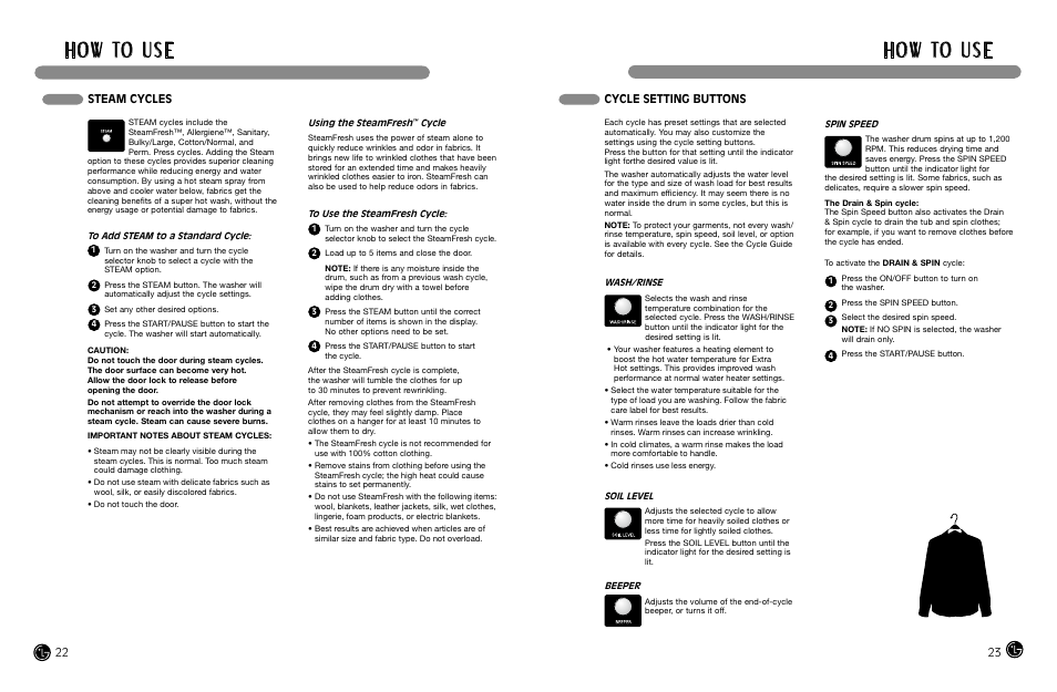 H o w to u s e, Cycle setting buttons, Steam cycles | LG WM2487H*MA User Manual | Page 12 / 37