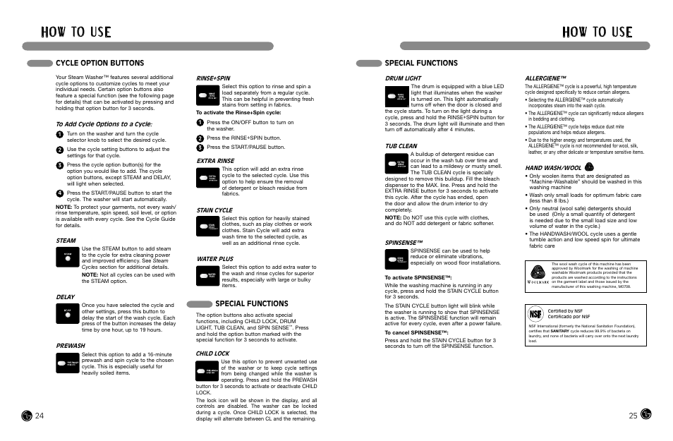 H o w to u s e, Special functions, Cycle option buttons | LG WM2487H*MA User Manual | Page 13 / 37