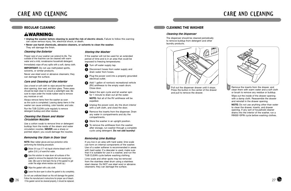 Wwarning, Cleaning the washer, Regular cleaning | LG WM2487H*MA User Manual | Page 14 / 37