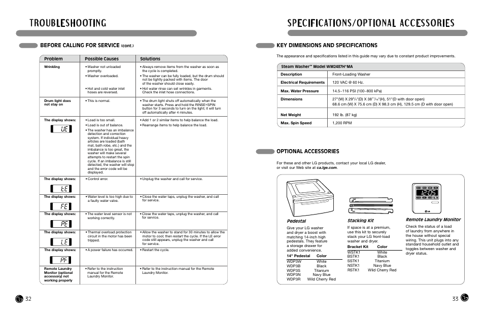 Before calling for service, Key dimensions and specifications, Optional accessories | LG WM2487H*MA User Manual | Page 17 / 37