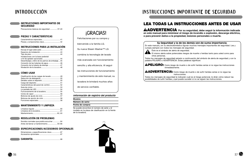 Gracias, Lea todas la instrucciones antes de usar, Wpeligro | Wadvertencia | LG WM2487H*MA User Manual | Page 19 / 37