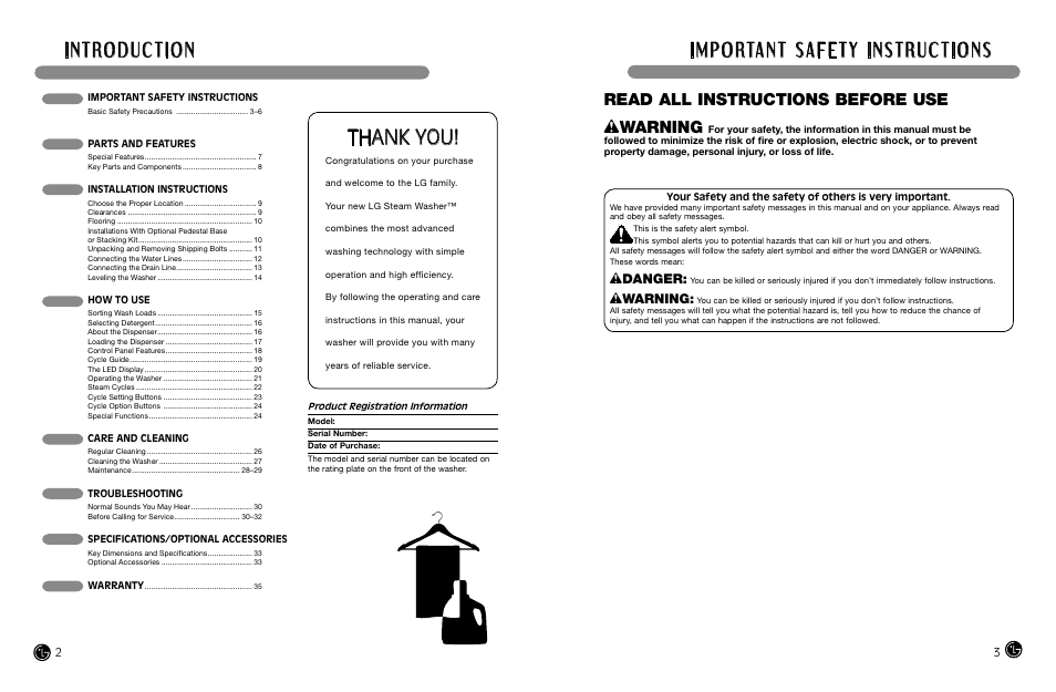 Wwarning, Read all instructions before use, Wdanger | LG WM2487H*MA User Manual | Page 2 / 37