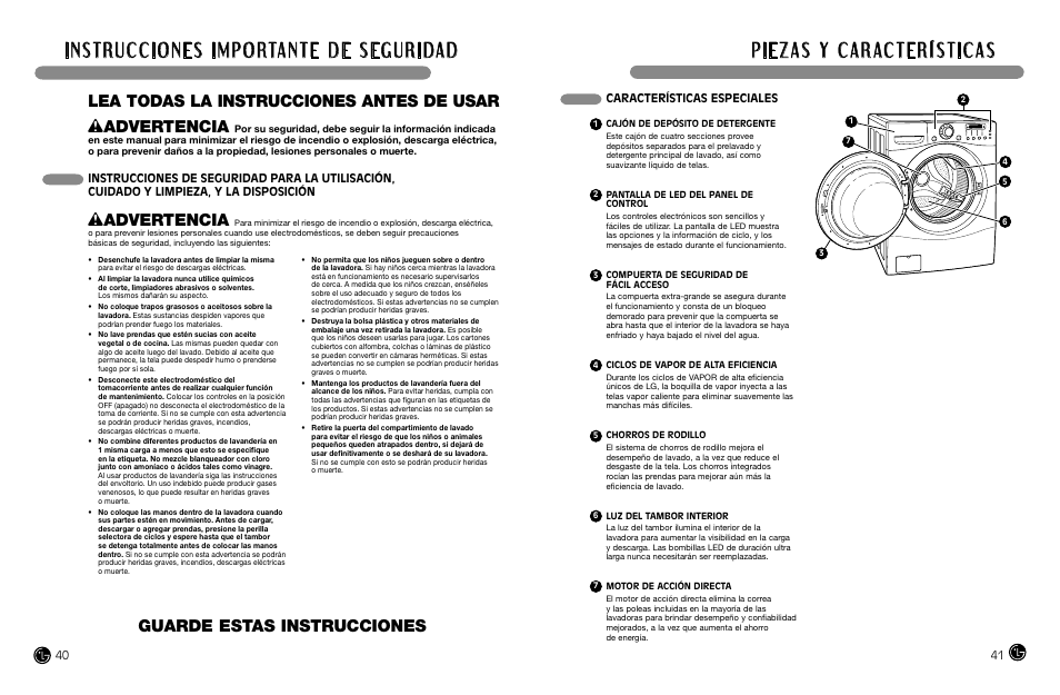 Wadvertencia, Características especiales | LG WM2487H*MA User Manual | Page 21 / 37