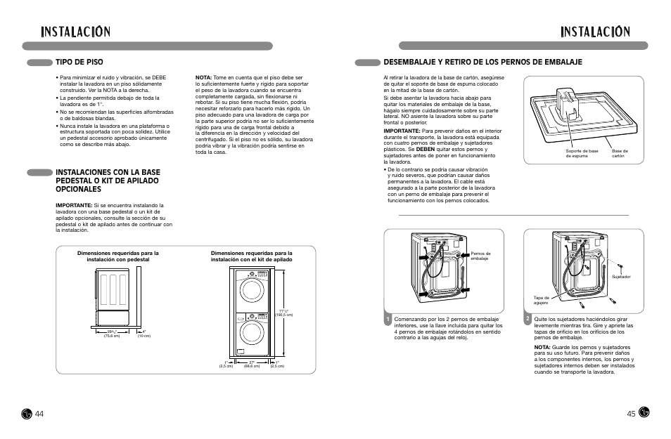 I n s ta l ac i ó n, Tipo de piso | LG WM2487H*MA User Manual | Page 23 / 37