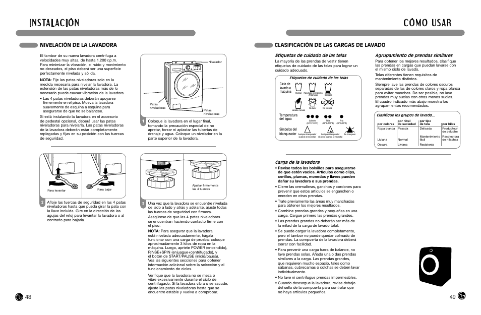 I n s ta l ac i ó n, Clasificación de las cargas de lavado, Nivelación de la lavadora | LG WM2487H*MA User Manual | Page 25 / 37