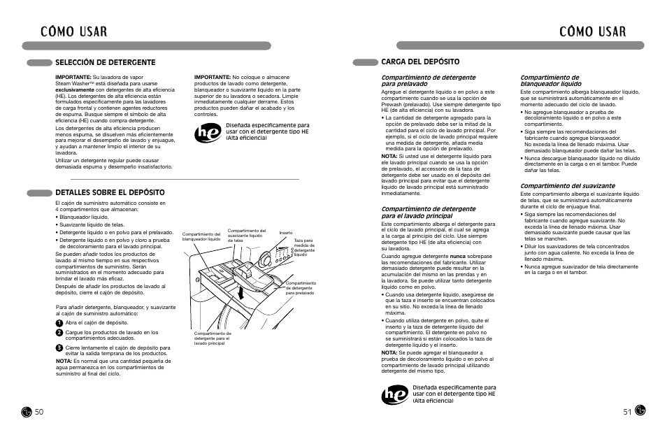 Selección de detergente detalles sobre el depósito, Carga del depósito | LG WM2487H*MA User Manual | Page 26 / 37