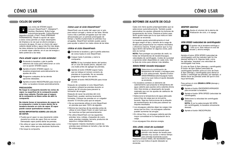 Botones de ajuste de ciclo, Ciclos de vapor | LG WM2487H*MA User Manual | Page 29 / 37