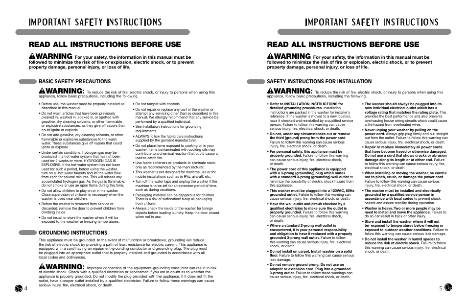 Wwarning, Read all instructions before use, Basic safety precautions | Safety instructions for installation, Grounding instructions | LG WM2487H*MA User Manual | Page 3 / 37