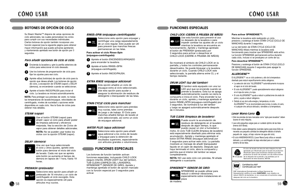 Funciones especiales, Botones de opción de ciclo | LG WM2487H*MA User Manual | Page 30 / 37