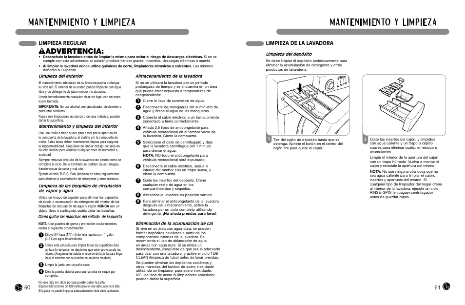 Wadvertencia, Limpieza de la lavadora, Limpieza regular | LG WM2487H*MA User Manual | Page 31 / 37