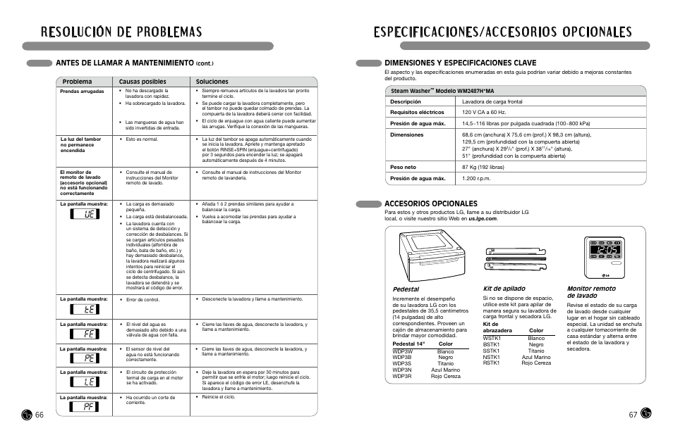 Antes de llamar a mantenimiento, Dimensiones y especificaciones clave, Accesorios opcionales | LG WM2487H*MA User Manual | Page 34 / 37