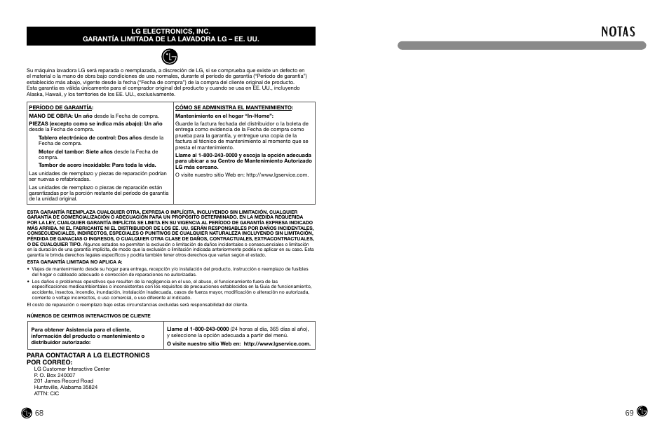 N ota s | LG WM2487H*MA User Manual | Page 35 / 37